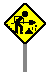 A gif signifying 'under construction'. It represents a diamond-shaped rotating road sign. On one side it says 'SLOW' in black letters on an orange background. On the other side there is a road worker pictogram, in black on a yellow background.