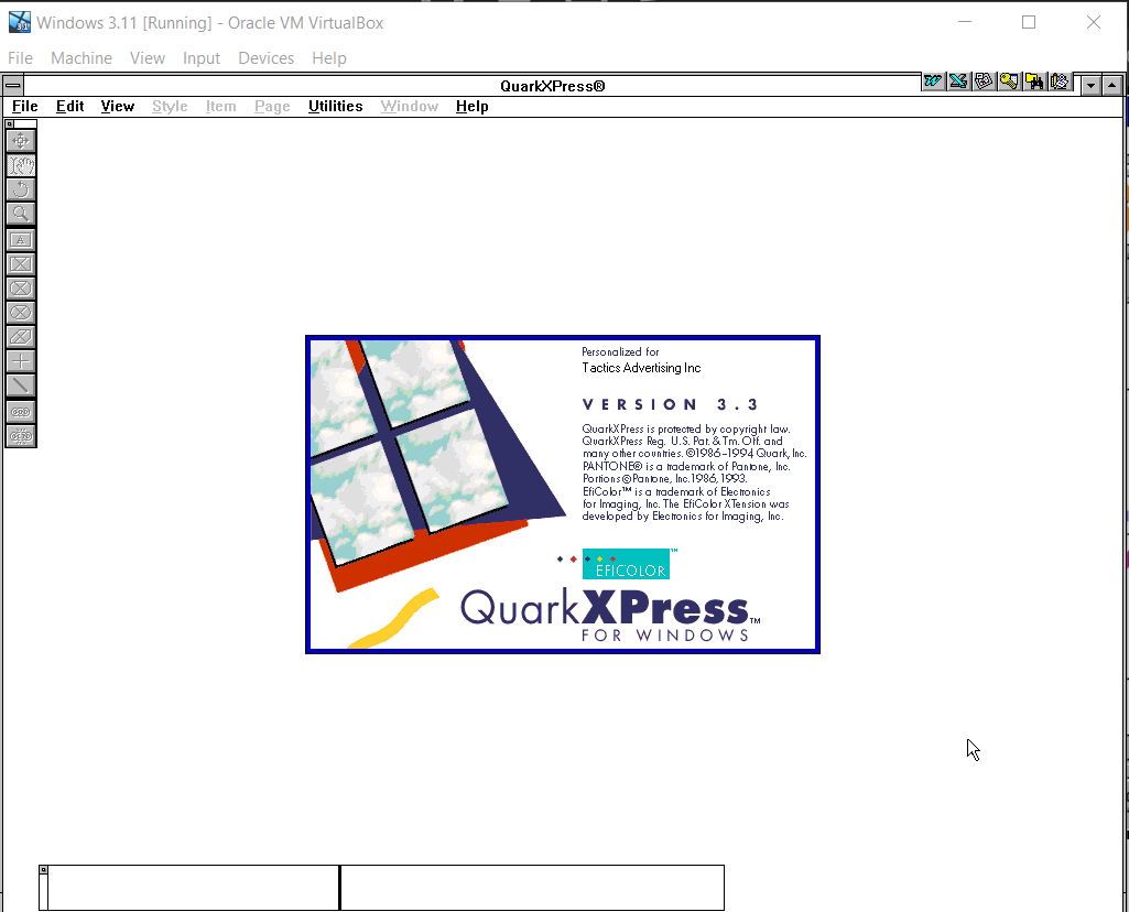 Launch screen of QuarkXpress 3.3 (1994, Windows virtual machine)